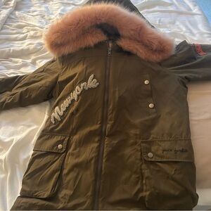 Vintage Havana Olive Jacket with Pink Fur Trim